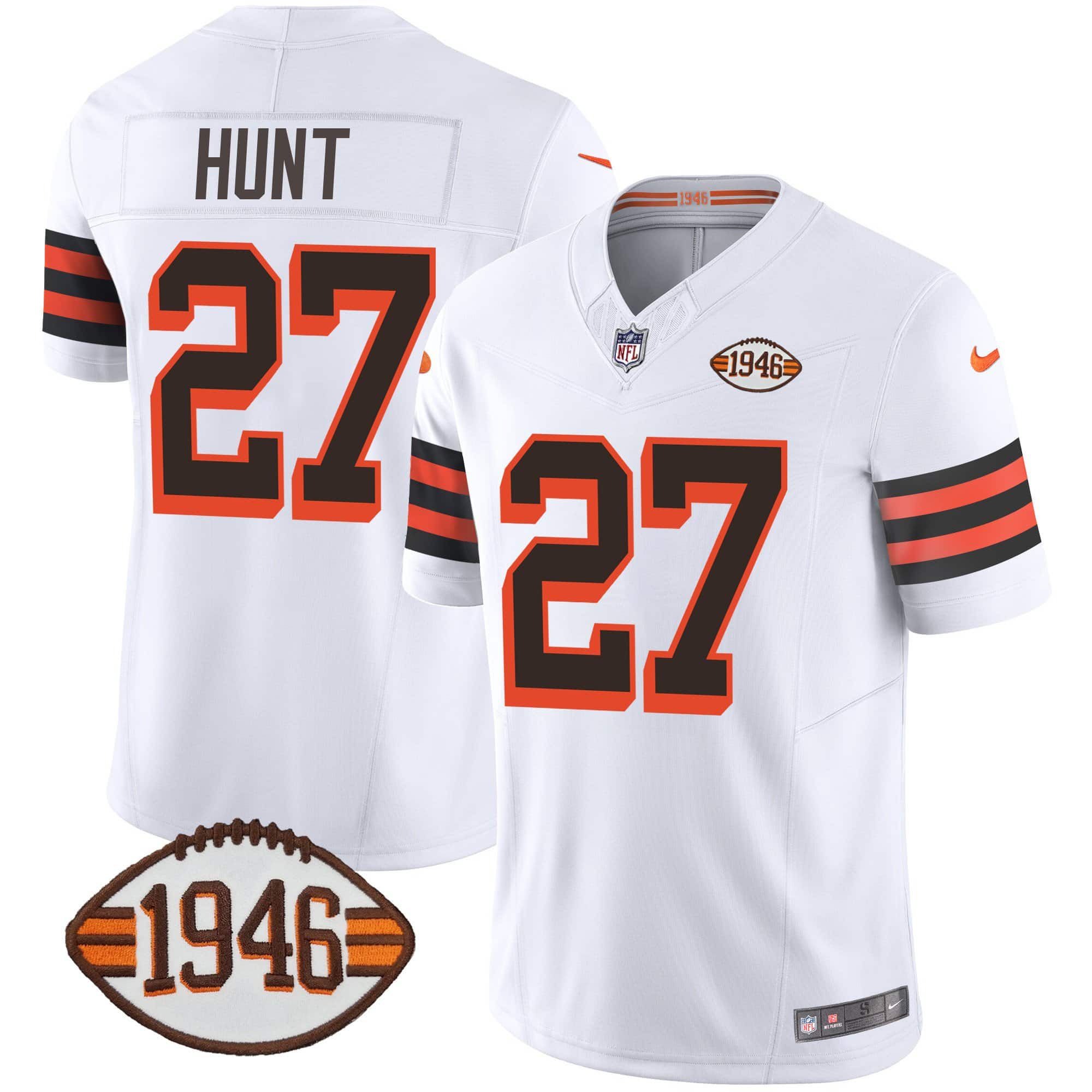 Men Cleveland Browns #27 Hunt White 1946 75th Anniversary Patch 2024 Nike NFL Jersey